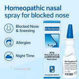 Dr. Reckeweg R96 Pulsatilla Compositum nasal spray for blocked nose, allergies, and night time symptoms on a blue background.