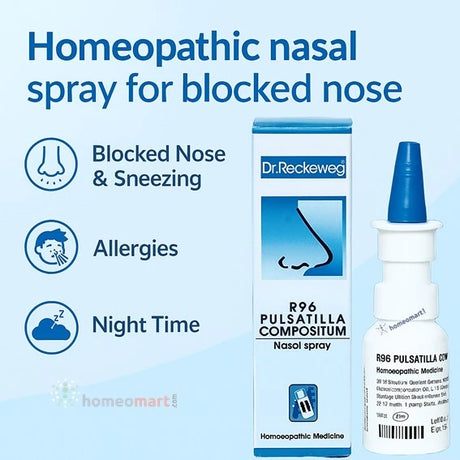 Dr. Reckeweg R96 Pulsatilla Compositum nasal spray for blocked nose, allergies, and night time symptoms on a blue background.