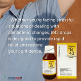 Bakshis B43 hyperhidrosis drops packaging with text about stress relief and confidence restoration.