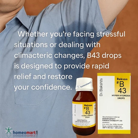 Bakshis B43 hyperhidrosis drops packaging with text about stress relief and confidence restoration.