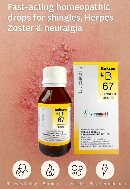 Dr. Barkshis B67 Shingles Drops packaging with a background of shingles rash.