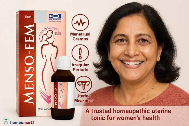 MENSO-FEM product packaging with a woman and text on a beige background