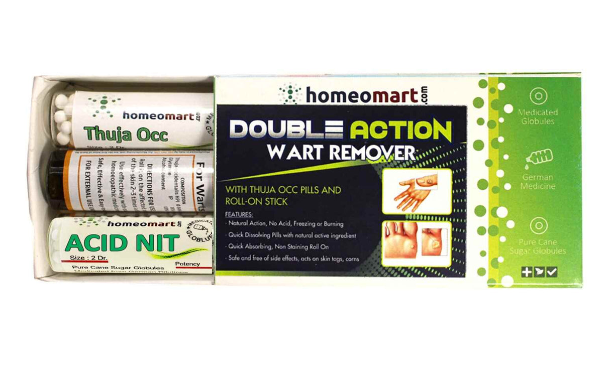 Natural wart treatment kit with Thuja roll on & Nitric Acid pills  . Dual-action homeopathy for painless wart removal. Safe for kids & adults.