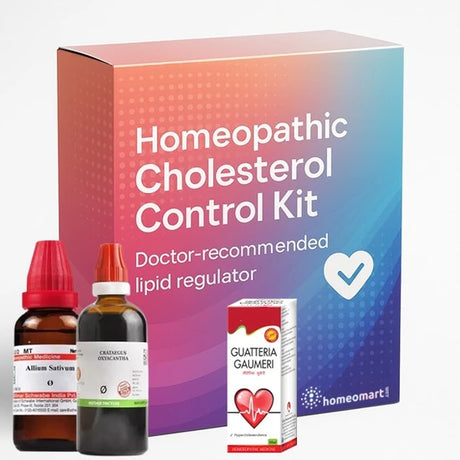 Natural homeopathy kit with Allium Sativum, Crataegus & Gautteria for cholesterol, LDL, triglycerides & heart health. Doctor-recommended lipid regulator.