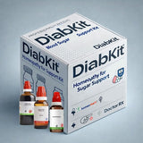 DiabKit packaging with homeopathy bottles on a gray background for diabetes treatment