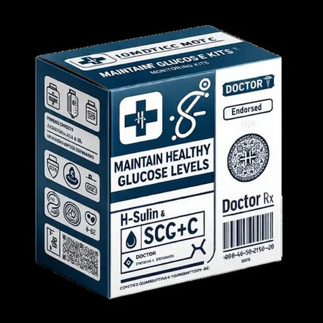 Box labeled 'Maintain Healthy Glucose Levels' with branding and text on a black background for diaetes medicines in homeopathy