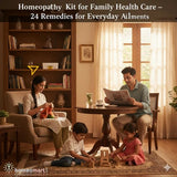 Family in a cozy living room with homeopathy kit placed on shelf 