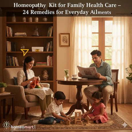 Family in a cozy living room with homeopathy kit placed on shelf 