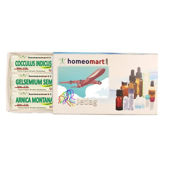 Homeopathy pills packaging with various homeopathic remedies and Jet flight branding elements.