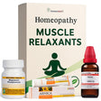 Homeopathy muscle relaxants including tablets, cream, and liquid with packaging on a white background.