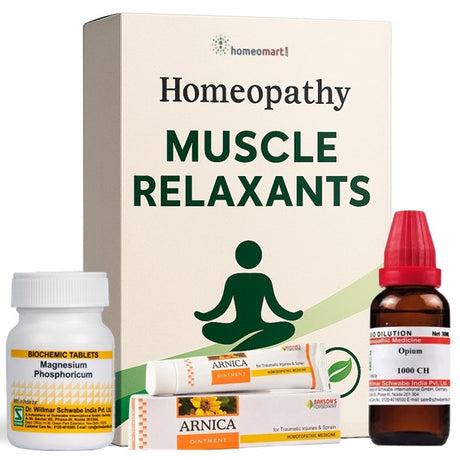 Homeopathy muscle relaxants including tablets, cream, and liquid with packaging on a white background.