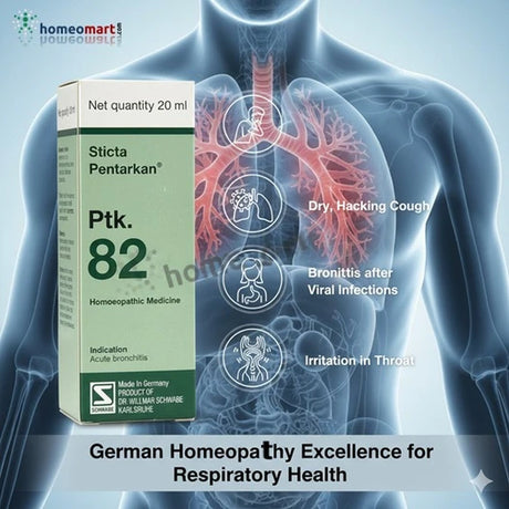 Homeopathic medicine box labeled 'Sticta Pentarkan' with a human respiratory system illustration on a blue background indicating bronchitis symptoms