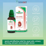 Wheezal RC-Care renal calculi drops with packaging on a gradient background. homeopathic remedy for kidney stones, gallstones, and a variety of urinary tract discomforts.