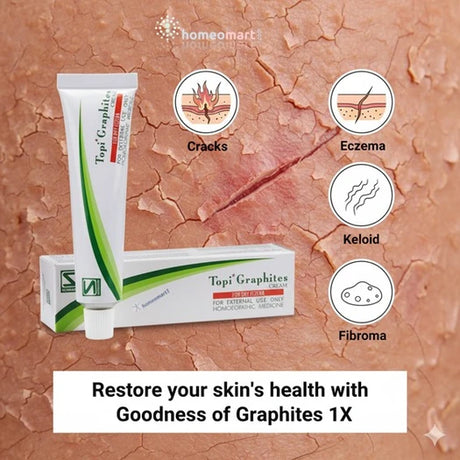 Topi Graphites cream packaging with skin conditions icons like  skin dryness, eczema, keloids and fibromas, pimples, acne, and other skin issues. on a cracked skin background