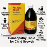Alfalfa Tonic with Ginseng packaging and bottle and benefits of Homeopathy Tonic for Child Growth on a white background