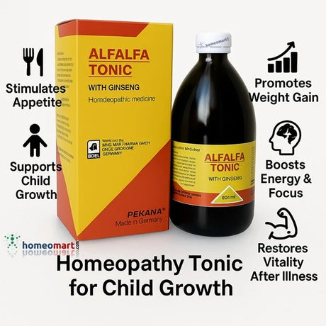Alfalfa Tonic with Ginseng packaging and bottle and benefits of Homeopathy Tonic for Child Growth on a white background