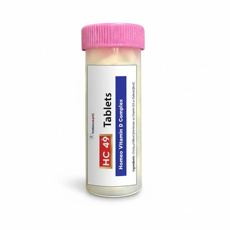 Bottle of HC 49 Tablets with pink cap on a white background