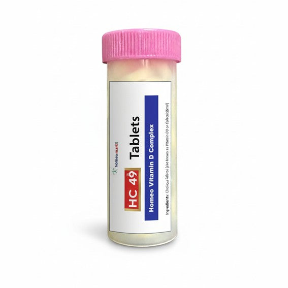 Bottle of HC 49 Tablets with pink cap on a white background