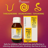 Bakson #B27 worms drops bottle and packaging on a red background with homeomart branding.