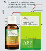 Allen Creatinine & Blood Urea Drops bottle and packaging on a white background with text about homeopathic benefits.