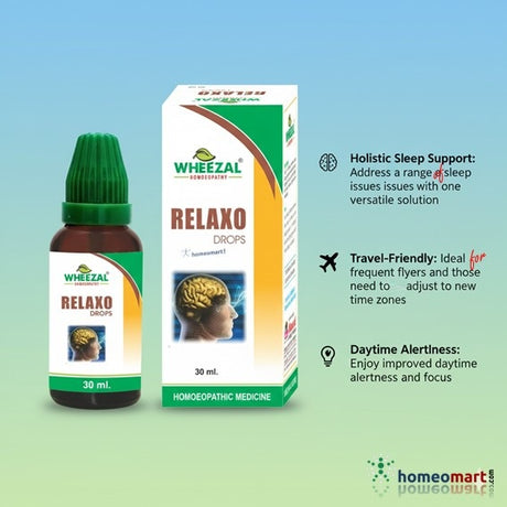 Wheezal Relaxo Drops bottle and packaging on a gradient blue and green background