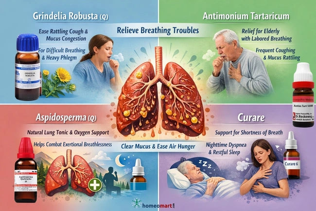 Homeopathy remedies for respiratory issues with illustrations and text on Homeomart website.