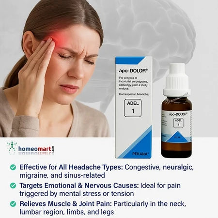 ADEL 1 apo-DOLOR is a comprehensive homeopathic formulation crafted to target a wide spectrum of head and body pain—ranging from migraines and neuralgia to joint and muscle discomfort. It not only addresses physical symptoms but also relieves pain linked to emotional stress, internal regulation dysfunction, and organ-related imbalances.
