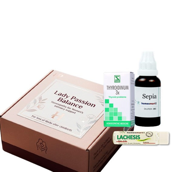 Collection of homeopathic medicine products for female libido including a box labeled 'Lady Passion Balance' and various bottles on a white background.
