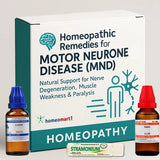 Homeopathic remedies for Motor Neurone Disease with packaging and bottles on a light gray background