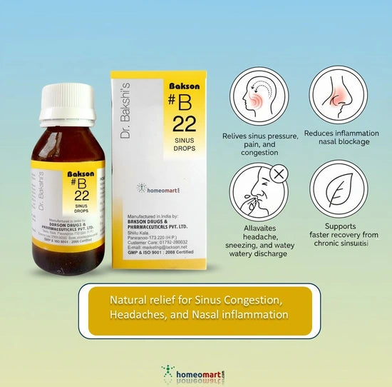 Dr. Bakshish B22 Sinus Drops bottle and packaging with product features on a gradient background