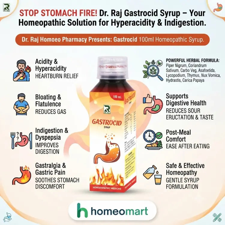 Dr Raj Gastrocid Syrup for acidity, Gastrocid Syrup for heartburn, homeopathic medicine for gastric pain, homeopathic remedy for gastralgia, homeopathy for epigastric pain, homeopathic medicine for hyperacidity,Piper Nigrum, Coriandrum Sativum, Carbo Veg, Asafoetida, Lycopodium, Thymus, Nux Vomica, Hydrastis, Carica Papaya