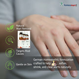 Hand with a wart and homeopathic product packaging, featuring wart remover features