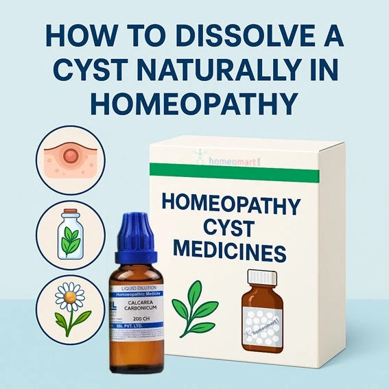 Homeopathy cyst medicines with a bottle and box on a light blue background illustrating How to dissolve a cyst naturally 
