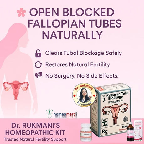 Infographic about Dr. Rukmani's homeopathic kit to open blocked fallopian tubes on a pink background.