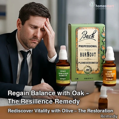 Man with head in hands next to a pack titled 'Back Professional Burnout' and two bottles labeled 'Oak' and 'Olive'.