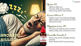 Infographic of a snoring relief natural remedies with a man snoring and a bottle of the product.