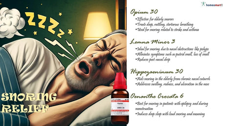 Infographic of a snoring relief natural remedies with a man snoring and a bottle of the product.