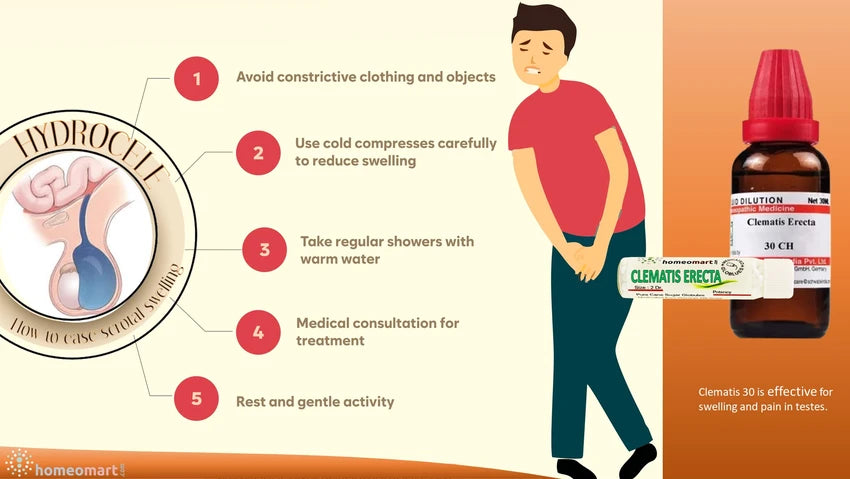 infographic showing a person with hydrocele discomfort with tips to ease pain and homeopathy remedy
