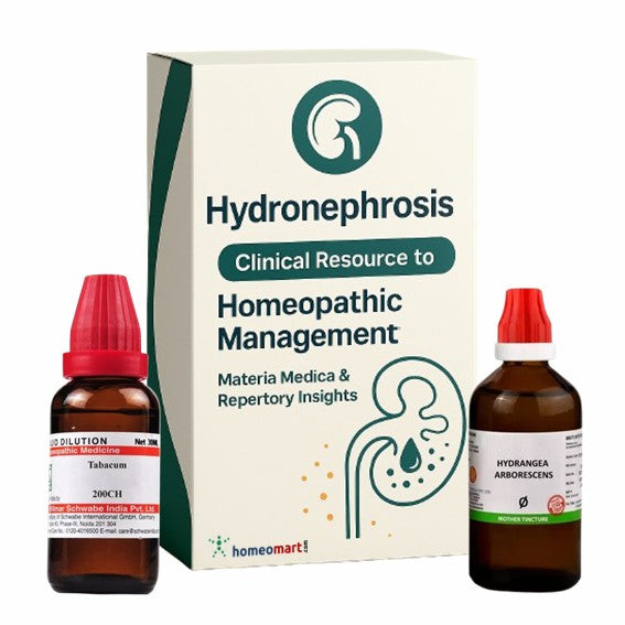 Homeopathic treatment for hydronephrosis with two bottles and a box on a white background