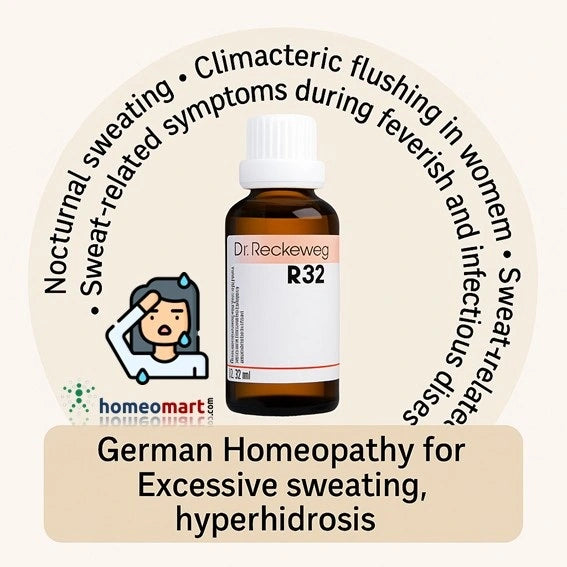 German homeopathy medicine  for managing undue perspiration associated with climacteric flushing in women, as well as sweat-related symptoms during feverish and infectious diseases. It also targets nocturnal sweating accompanied by exhaustion and the discomfort of cold, hot, or sticky sweat.