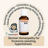 German homeopathy medicine  for managing undue perspiration associated with climacteric flushing in women, as well as sweat-related symptoms during feverish and infectious diseases. It also targets nocturnal sweating accompanied by exhaustion and the discomfort of cold, hot, or sticky sweat.