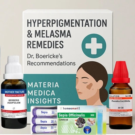 Dr. Boericke's Hyperpigmentation & Melasma Remedies with homeopathy products on a light background