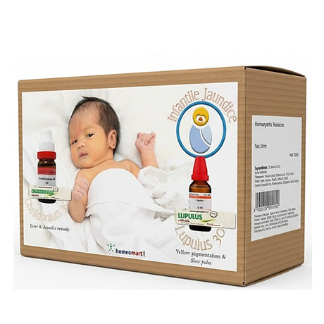 Box of 'Infantile Jaundice' treatment with a baby and homeopathic medicine bottles on a white background