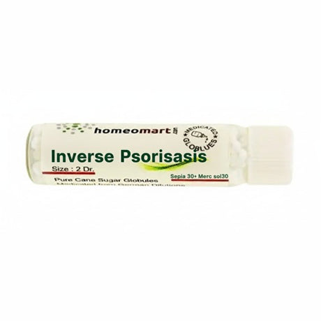 Pills Tube labeled 'Inverse Psorisasis' by Homeomart on a white background