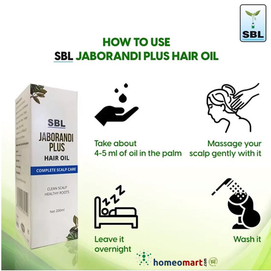 image showing Jaborandi plus hair oil  and icons with tips on massage