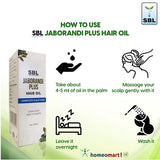 image showing Jaborandi plus hair oil  and icons with tips on massage