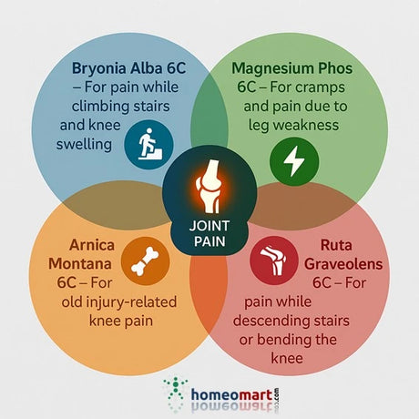 A powerful blend of four homeopathic medicines Bryonia Mag Phos, Arnica & Ruta in 6c potency for knee pain relief
