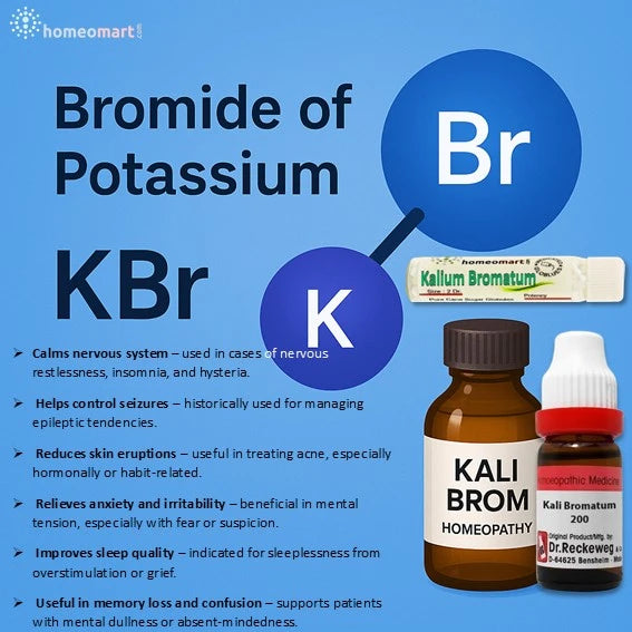 Kali Bromatum, commonly known as Bromide of Potassium, is a chemical compound with the formula KBr. It has been historically used in various medical treatments, particularly in the context of neurological disorders.