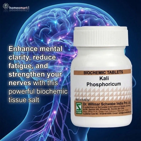 Biochemic tablets bottle with brain and nervous system illustration on a blue background