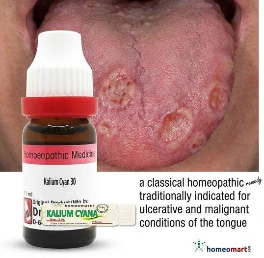 Homeopathic medicine bottle with a tongue showing ulcers and lesions.
